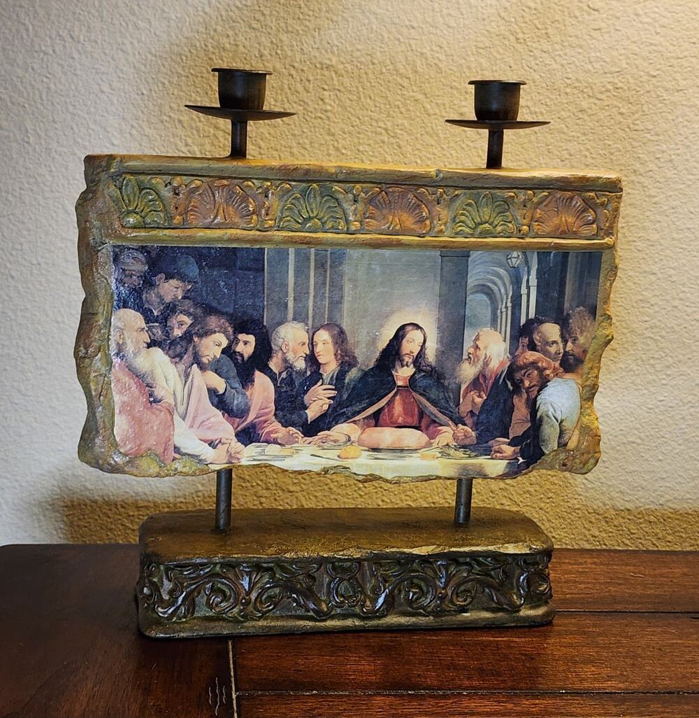 Vintage Jesus Last Supper Plaster Art Cast Iron Stand Brass Candle Holder 11"